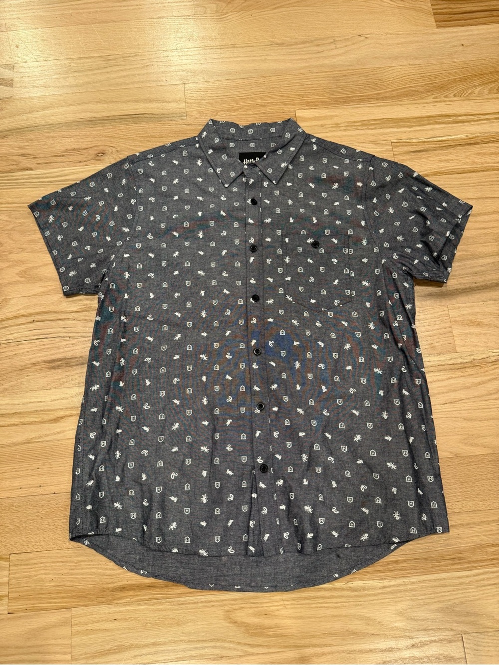 Men's Short-Sleeve Charcoal Button-Down Shirt with Micro White Icons